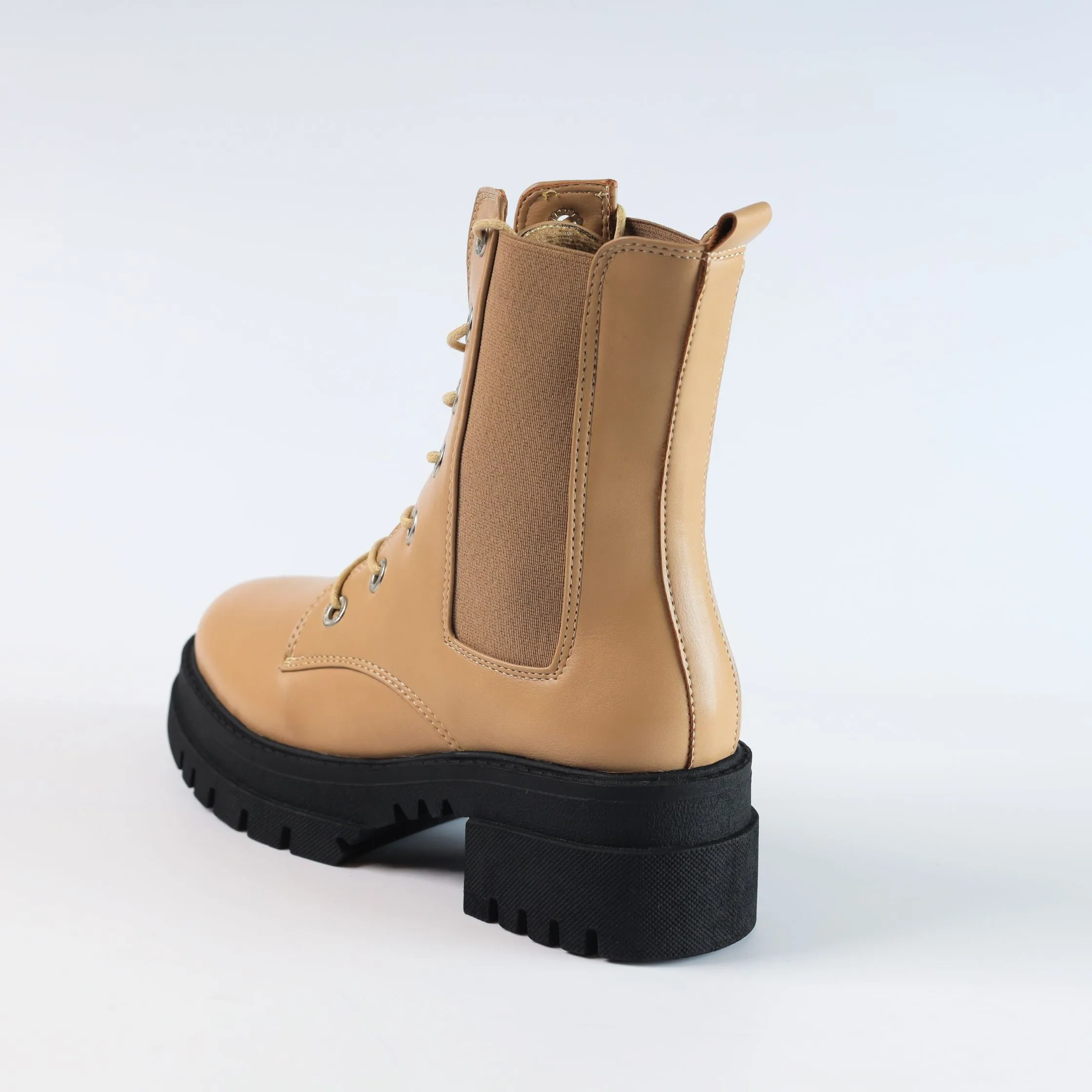 Chelsea Laceup & Zipper Plain Leather Boots - Beige