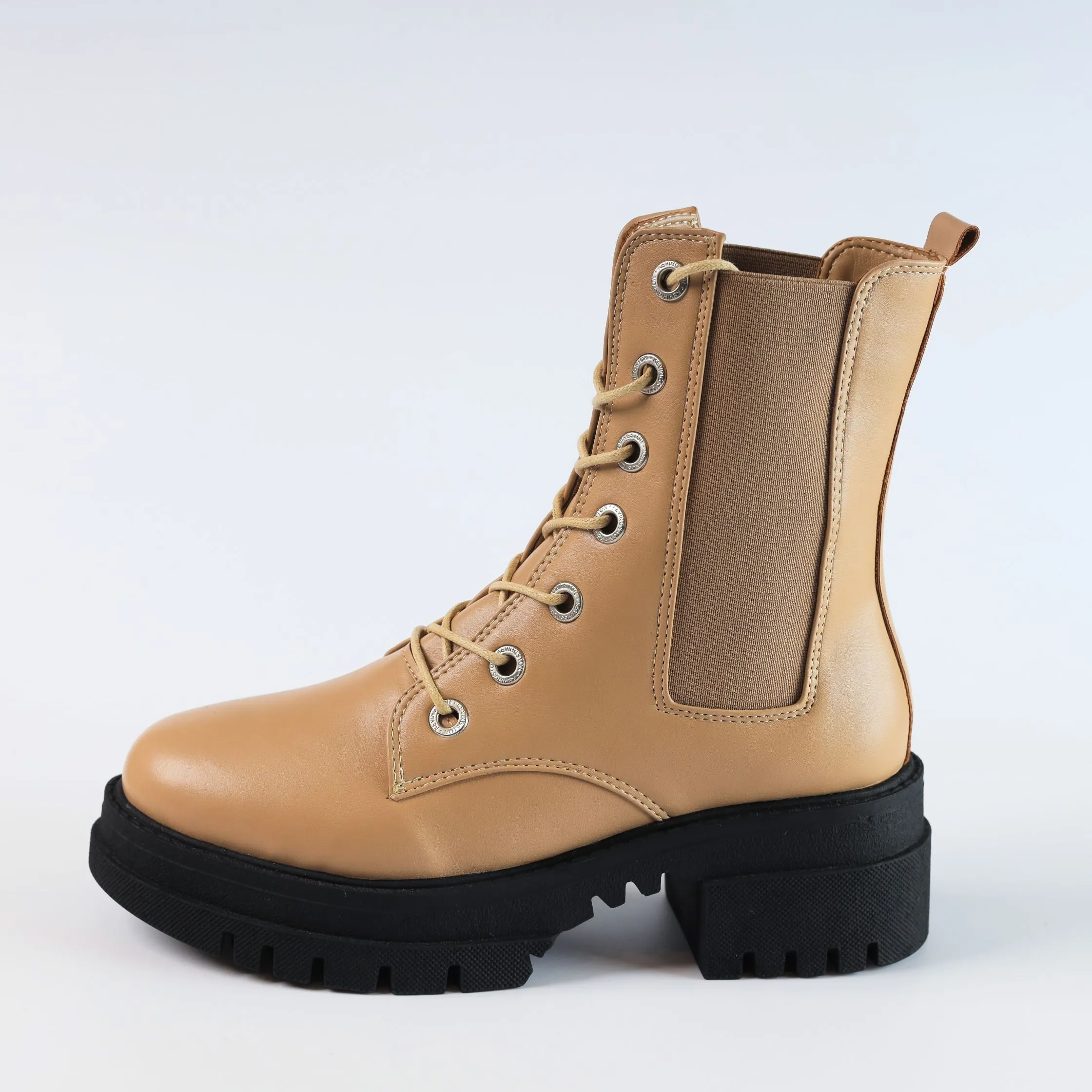 Chelsea Laceup & Zipper Plain Leather Boots - Beige