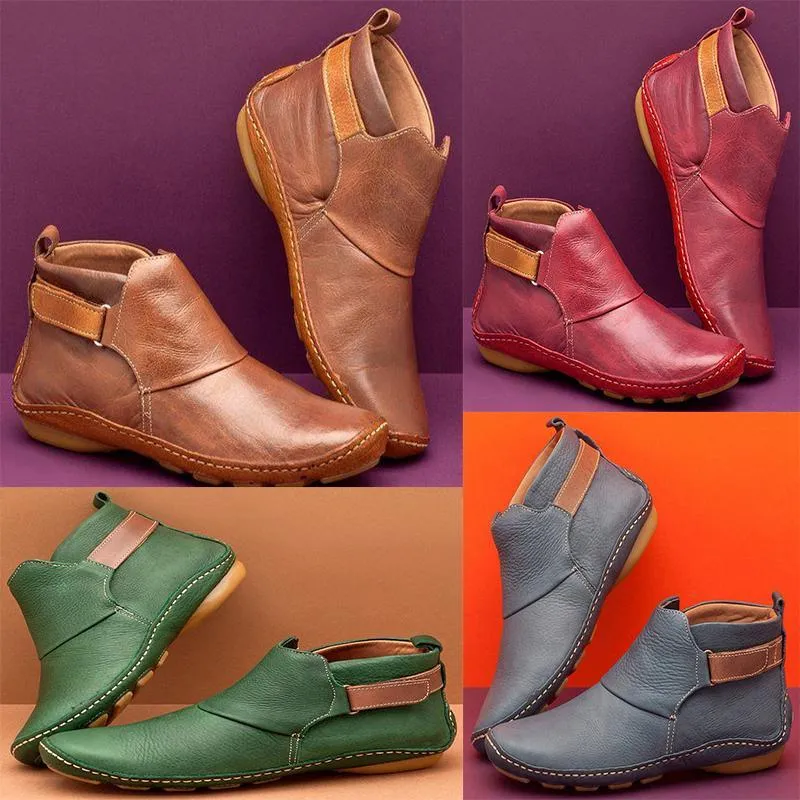 Chicvane Womens Solid Round Toe Flat Heel Velcro Closure Ankle Boots
