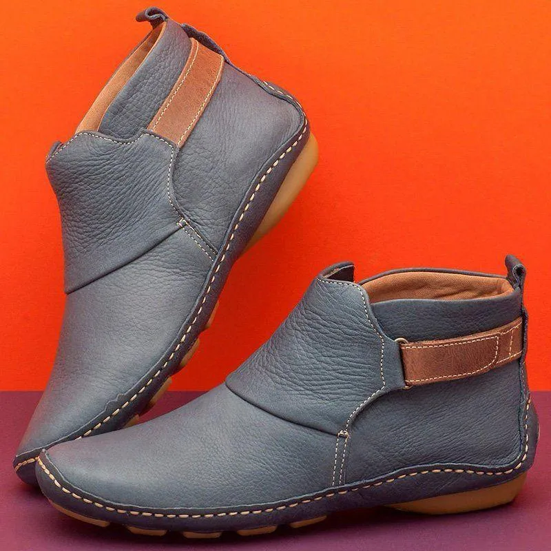 Chicvane Womens Solid Round Toe Flat Heel Velcro Closure Ankle Boots