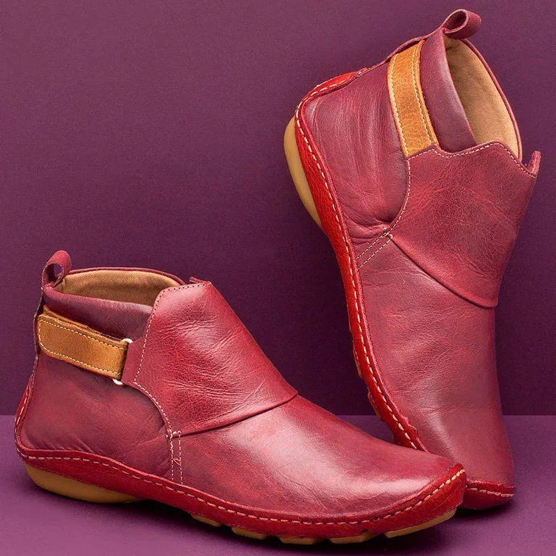 Chicvane Womens Solid Round Toe Flat Heel Velcro Closure Ankle Boots