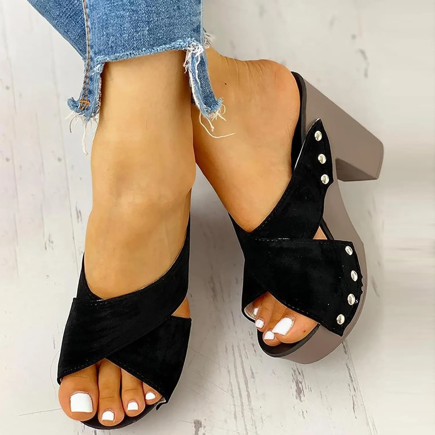 Chunky Block Heel Sandals Women Open Toe Square Toe Strappy Ankle Strap Comfortable Shoes