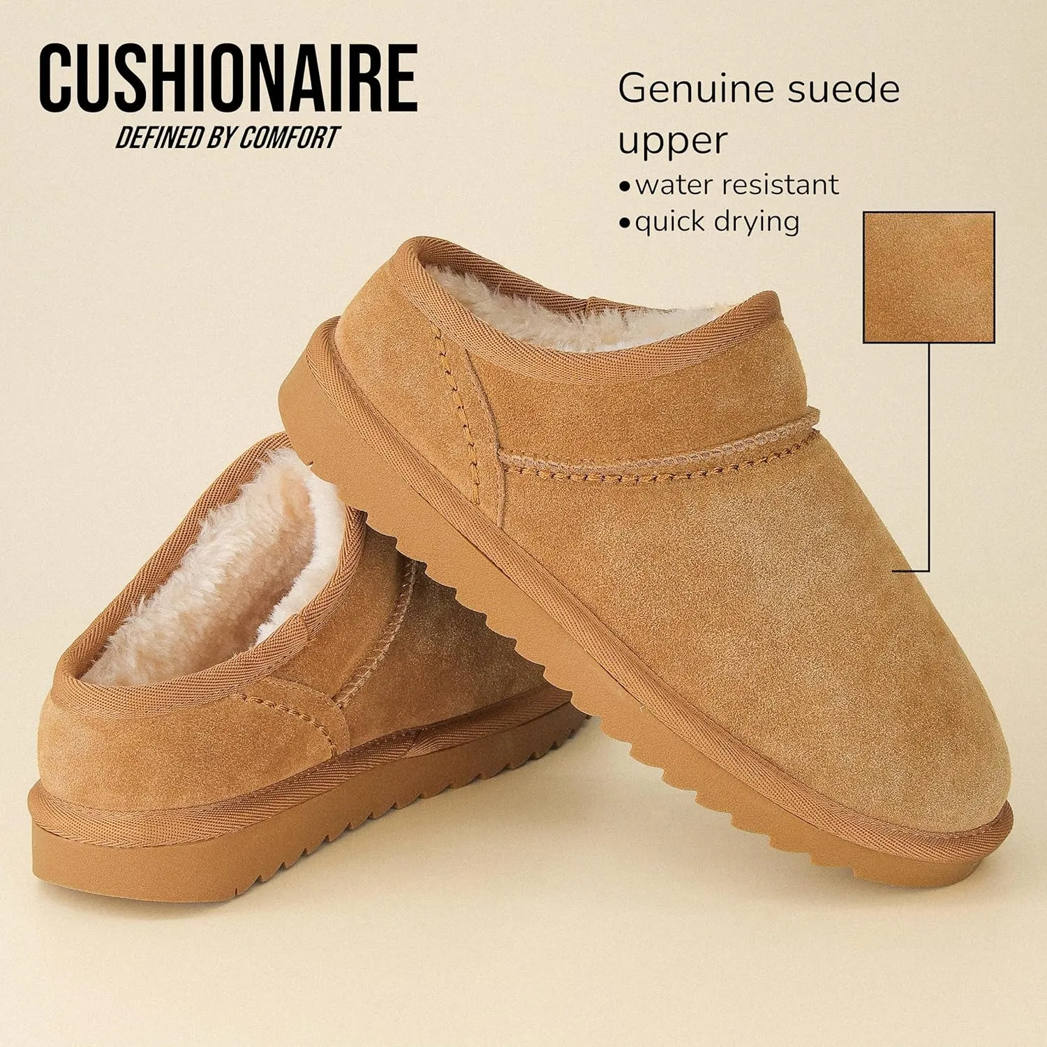 CUSHIONAIRE Women's Hilo 2 Premium Suede Slip-On House Slippers  Clog Slippers for Women, Memory Foam, Faux Shearling, Wide Widths Available