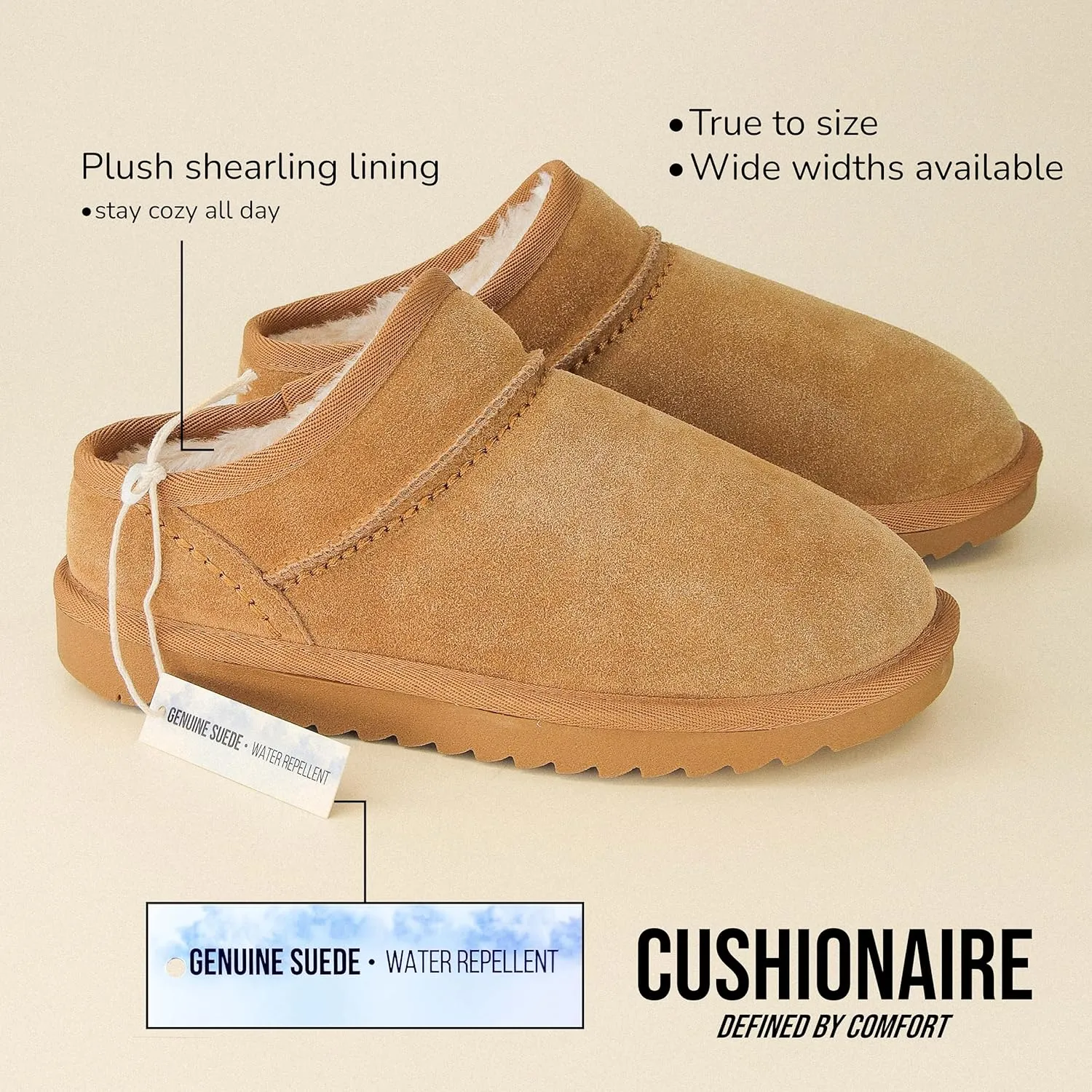 CUSHIONAIRE Women's Hilo 2 Premium Suede Slip-On House Slippers  Clog Slippers for Women, Memory Foam, Faux Shearling, Wide Widths Available