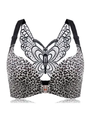 Front Closure Butterfly Embroidery Back Wireless Push Up Bra,Grey