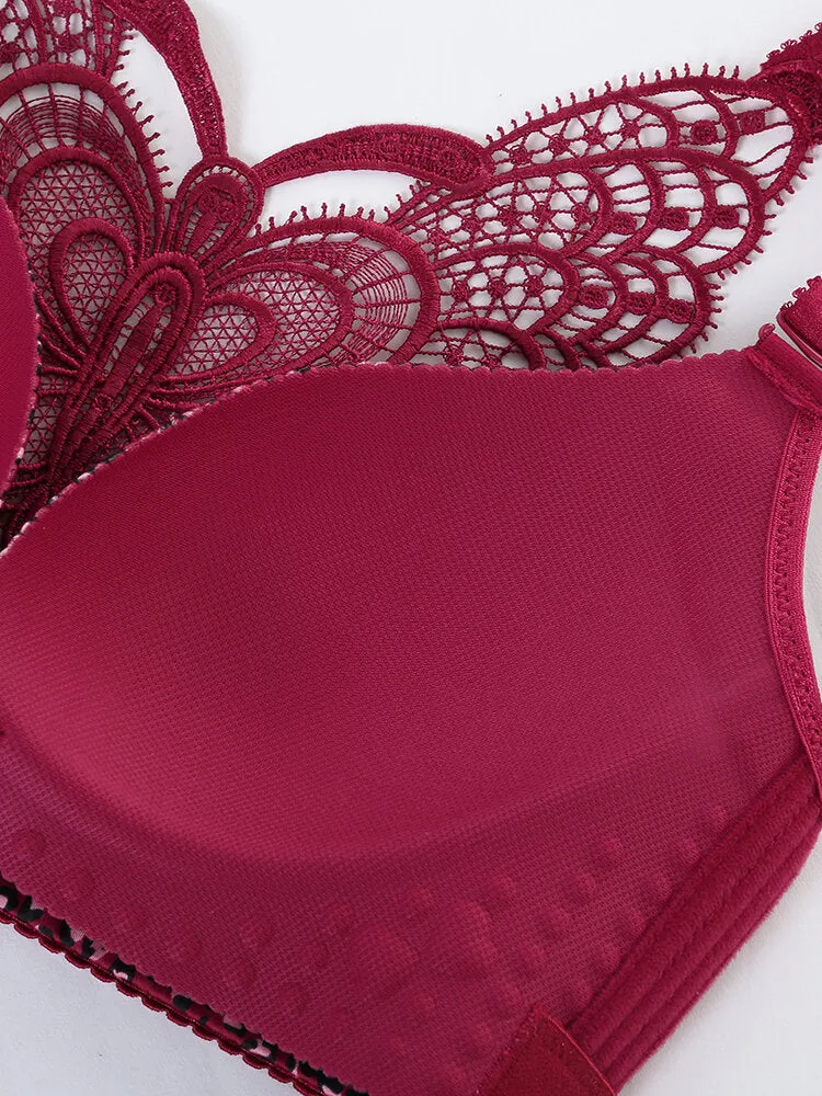 Front Closure Butterfly Embroidery Back Wireless Push Up Bra,Grey