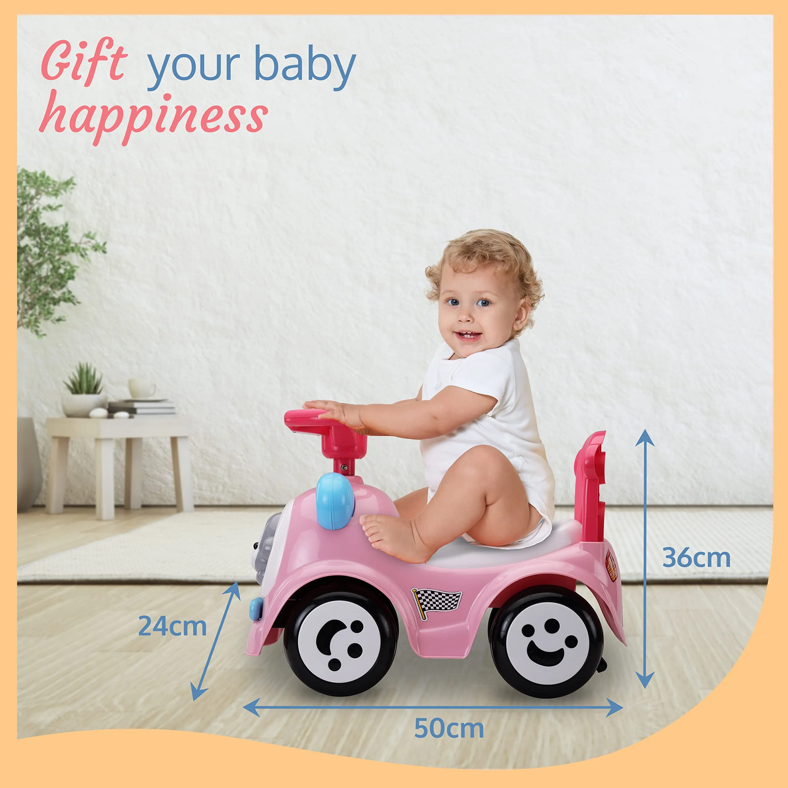 LuvLap Sunny Ride on & Car for Kids with Music & Horn Steering, Push Car for Baby with Backrest, Safety Guard, Under Seat Storage & Big Wheels, Ride on for Kids 1 to 3 Years Upto 25 Kgs (Pink)