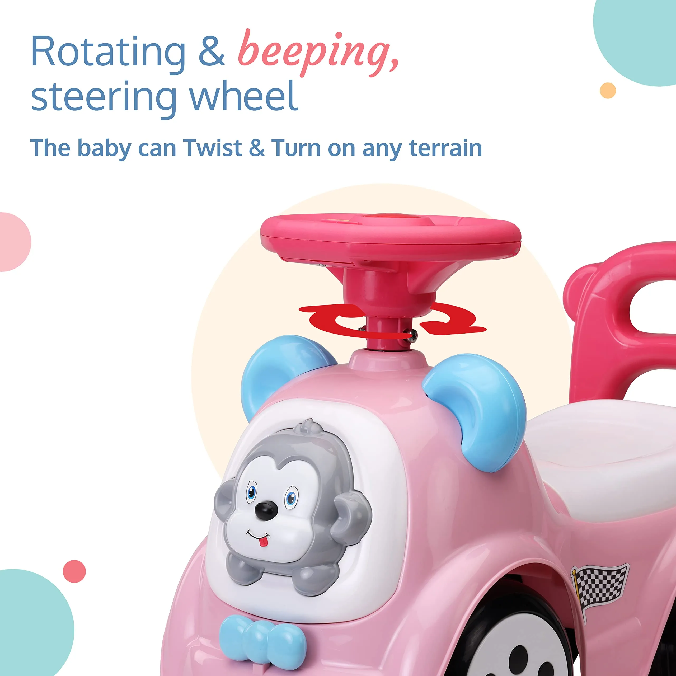 LuvLap Sunny Ride on & Car for Kids with Music & Horn Steering, Push Car for Baby with Backrest, Safety Guard, Under Seat Storage & Big Wheels, Ride on for Kids 1 to 3 Years Upto 25 Kgs (Pink)
