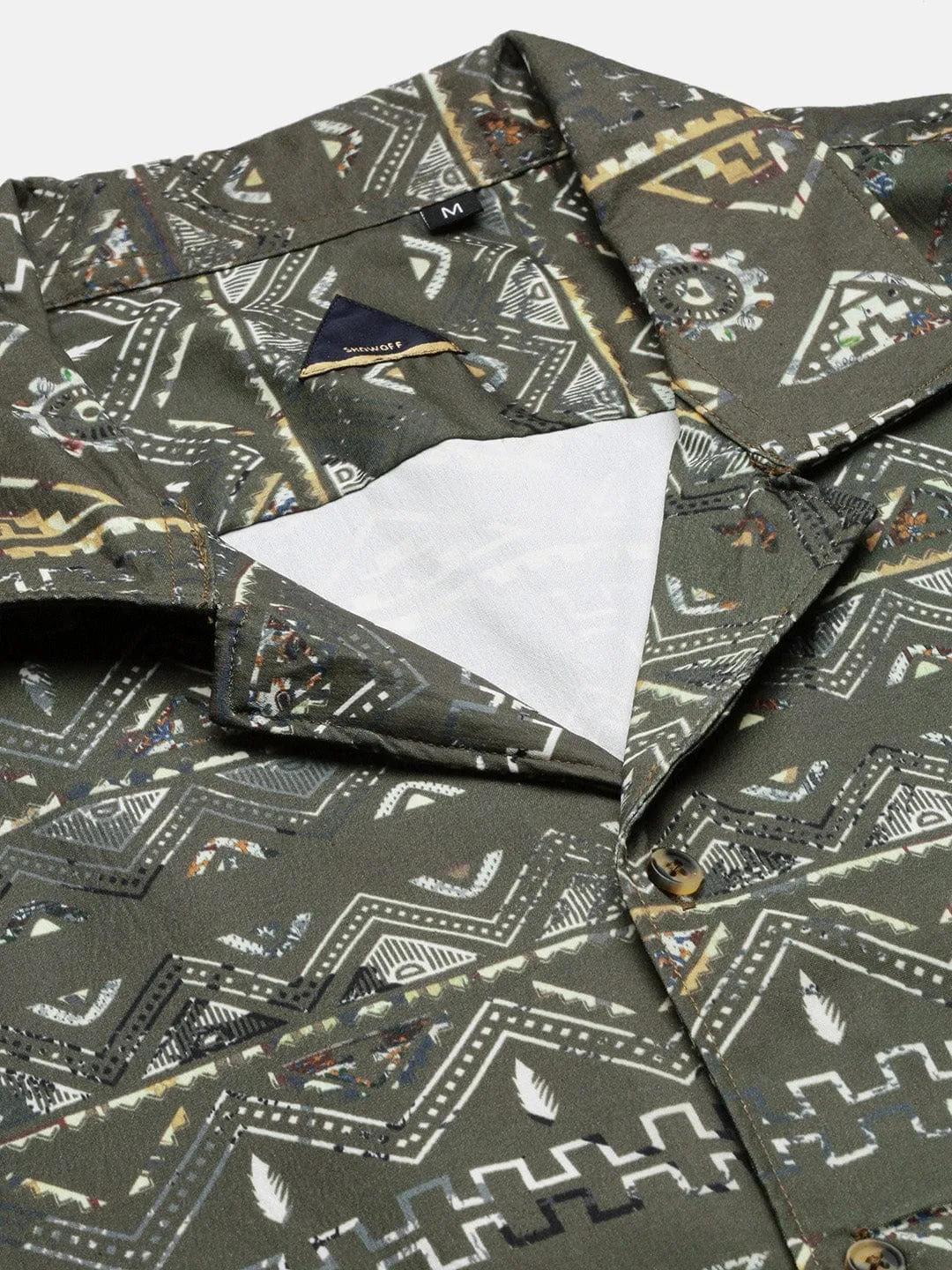 Men Geometric Print Cuban Collar Olive Co Ords Set