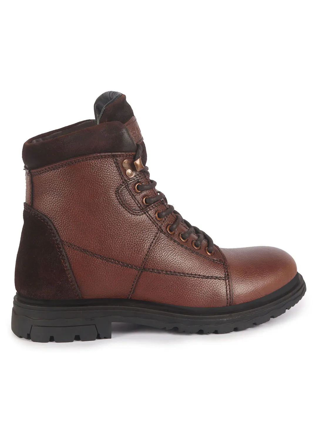 Men Tan Genuine Leather 7-Eye Lace Up Biking Boots with Memory Cushion Footbed|Slip Resistant Boots|Mid Top Boots