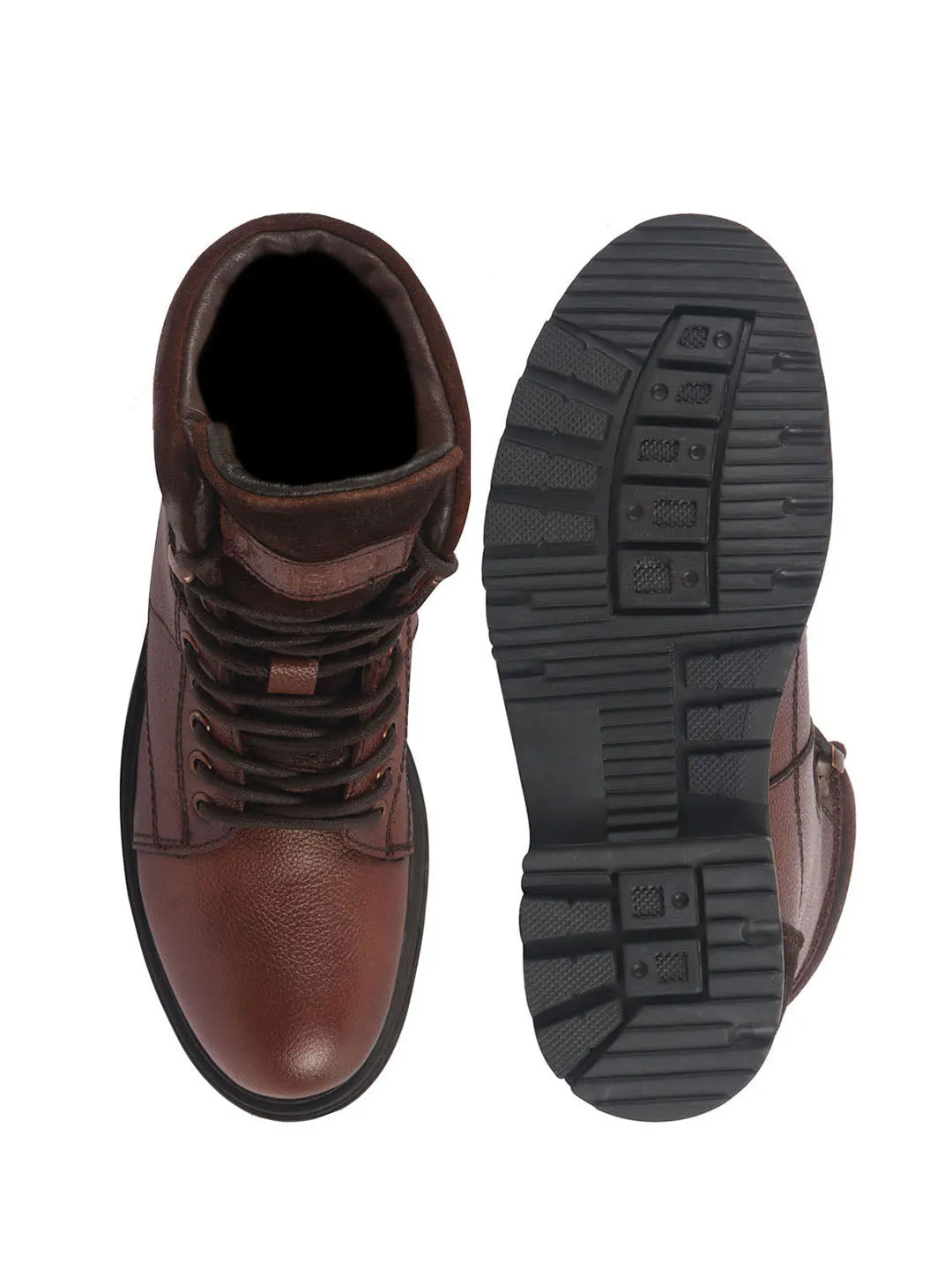 Men Tan Genuine Leather 7-Eye Lace Up Biking Boots with Memory Cushion Footbed|Slip Resistant Boots|Mid Top Boots