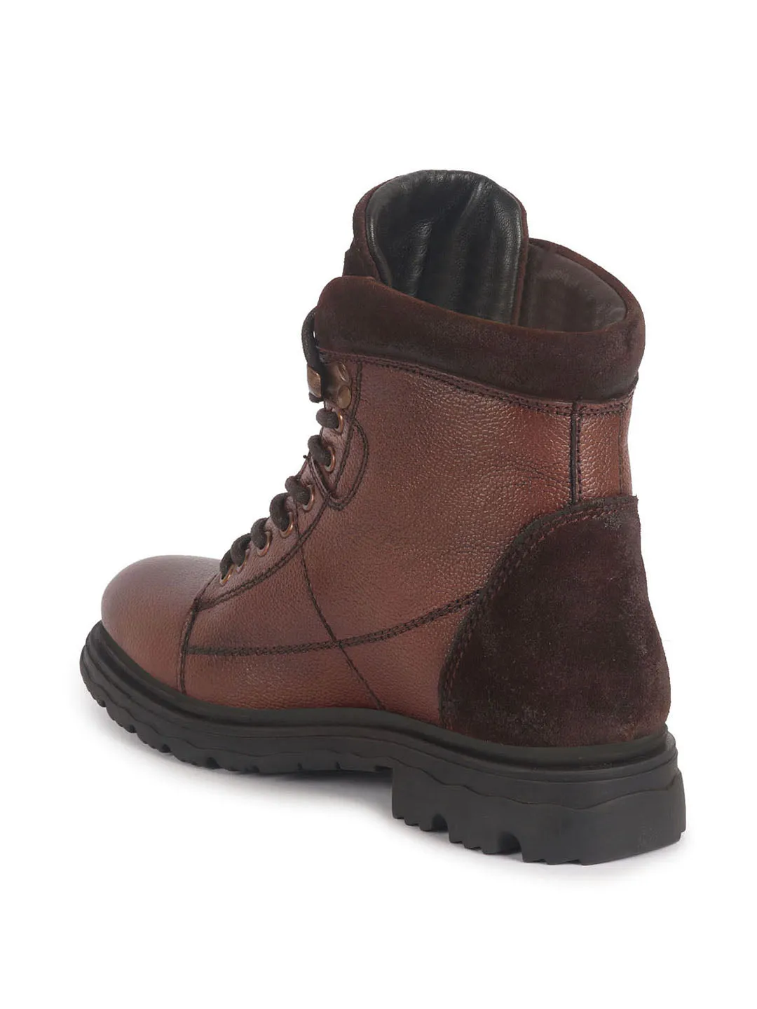Men Tan Genuine Leather 7-Eye Lace Up Biking Boots with Memory Cushion Footbed|Slip Resistant Boots|Mid Top Boots