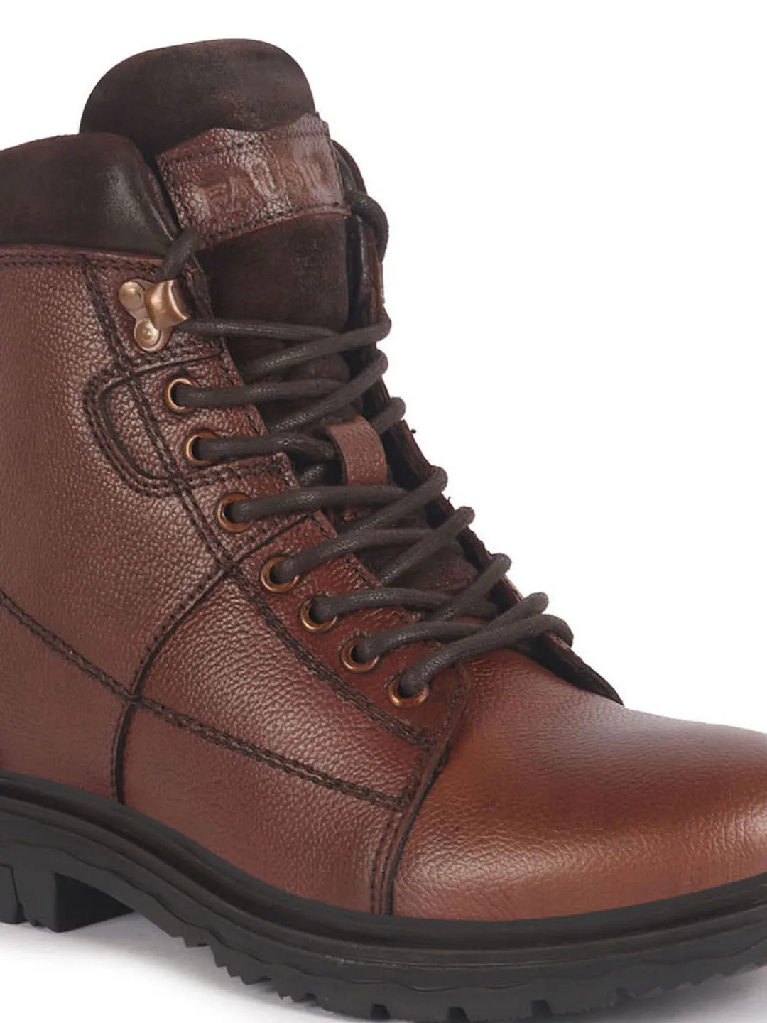 Men Tan Genuine Leather 7-Eye Lace Up Biking Boots with Memory Cushion Footbed|Slip Resistant Boots|Mid Top Boots