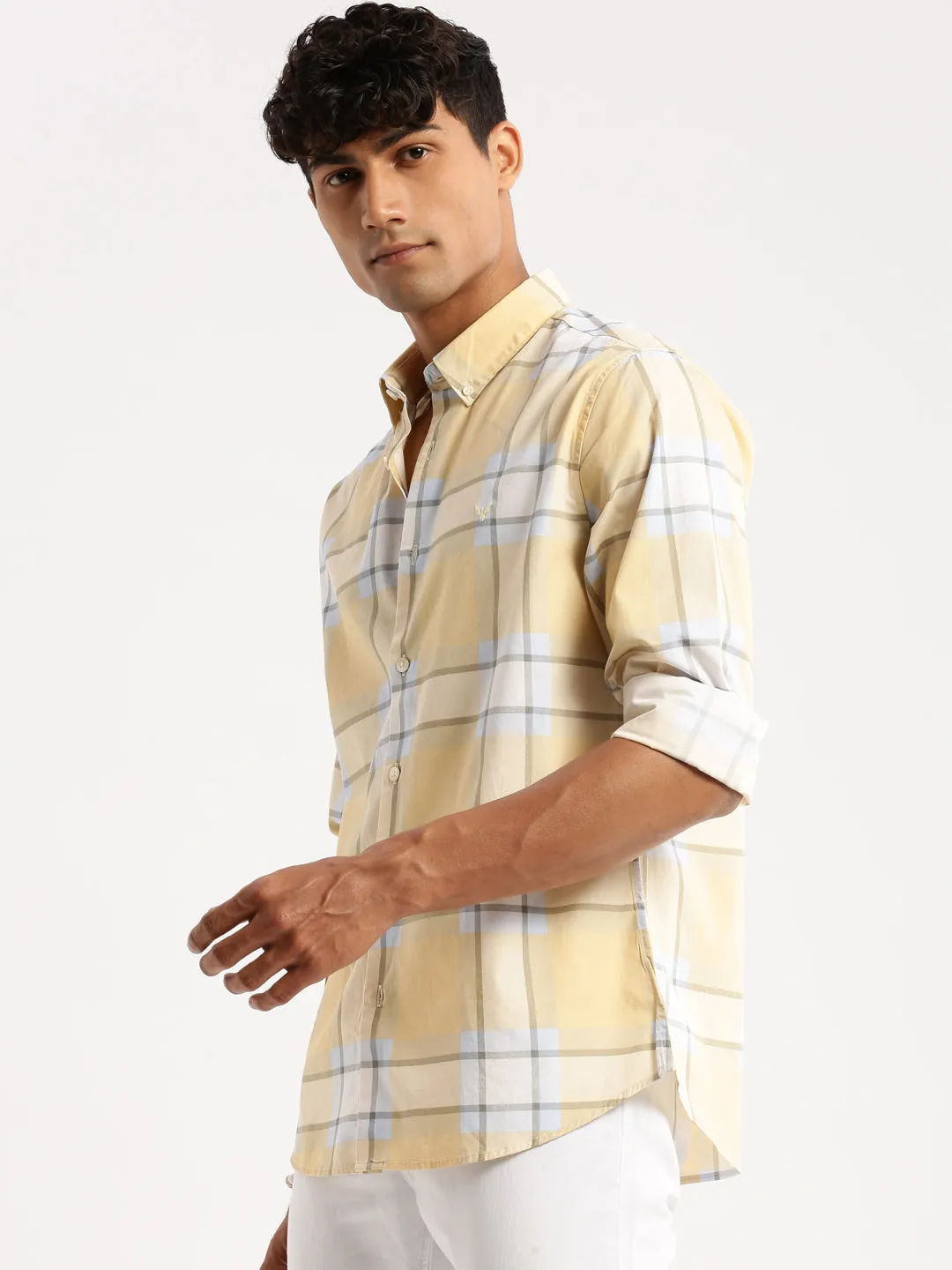 Men Yellow Standard Slim Fit Windowpane Checked Cotton Casual Shirt