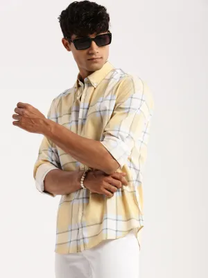 Men Yellow Standard Slim Fit Windowpane Checked Cotton Casual Shirt
