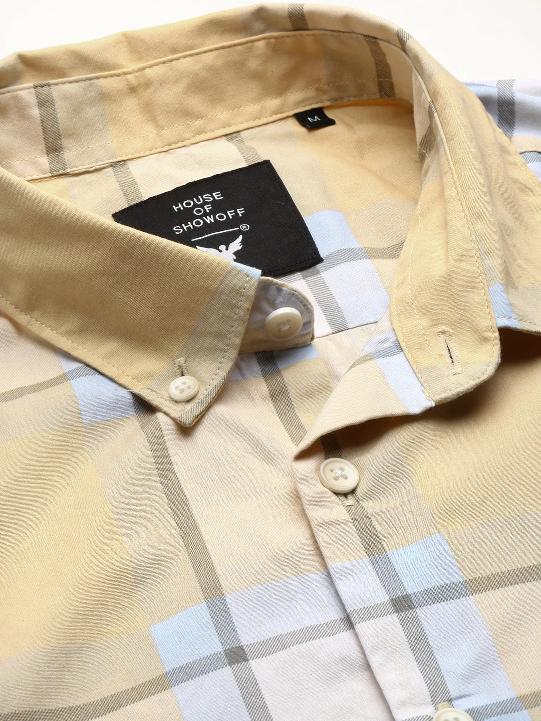 Men Yellow Standard Slim Fit Windowpane Checked Cotton Casual Shirt