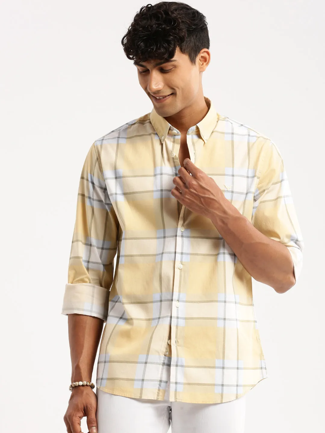 Men Yellow Standard Slim Fit Windowpane Checked Cotton Casual Shirt