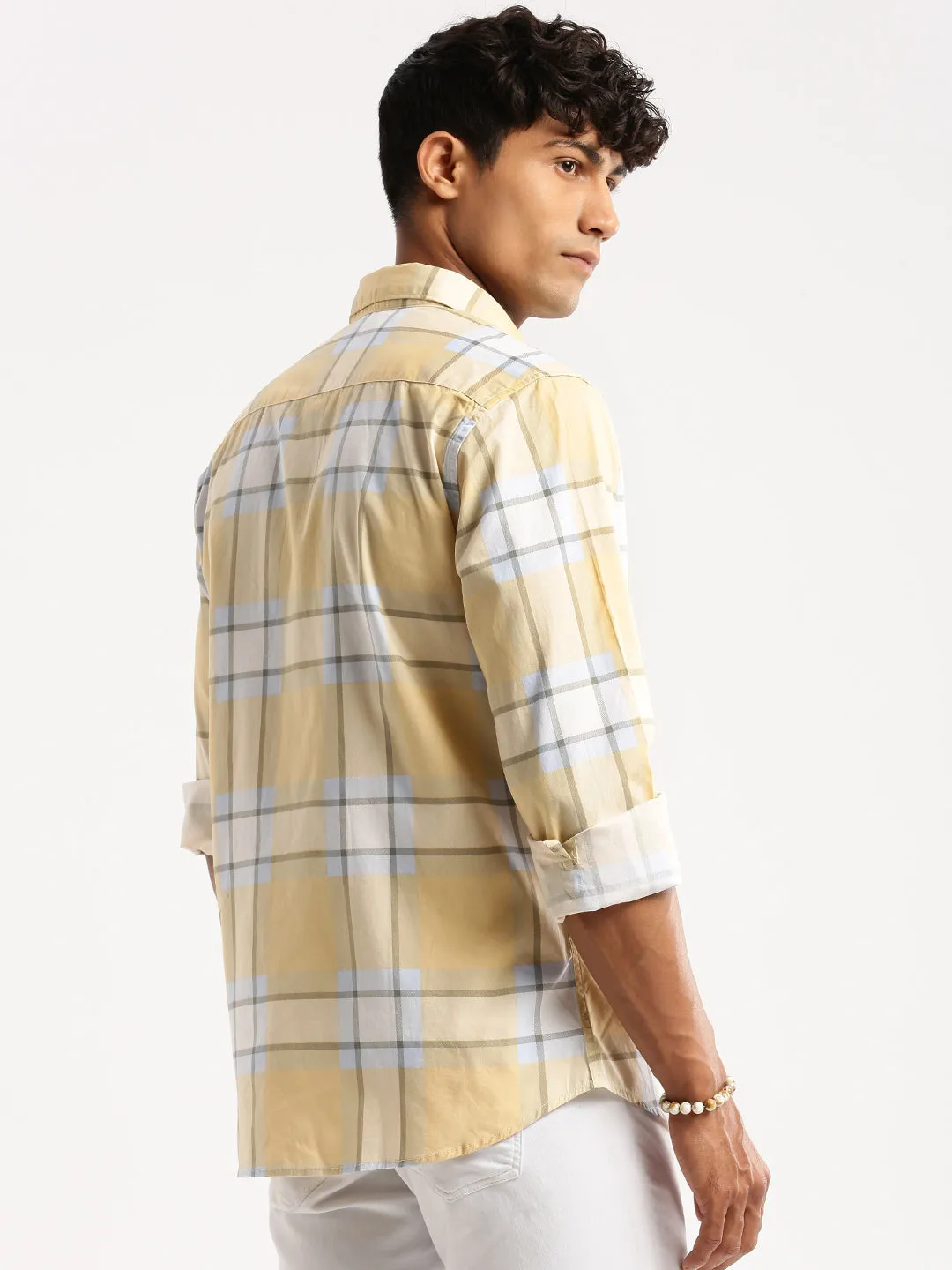 Men Yellow Standard Slim Fit Windowpane Checked Cotton Casual Shirt