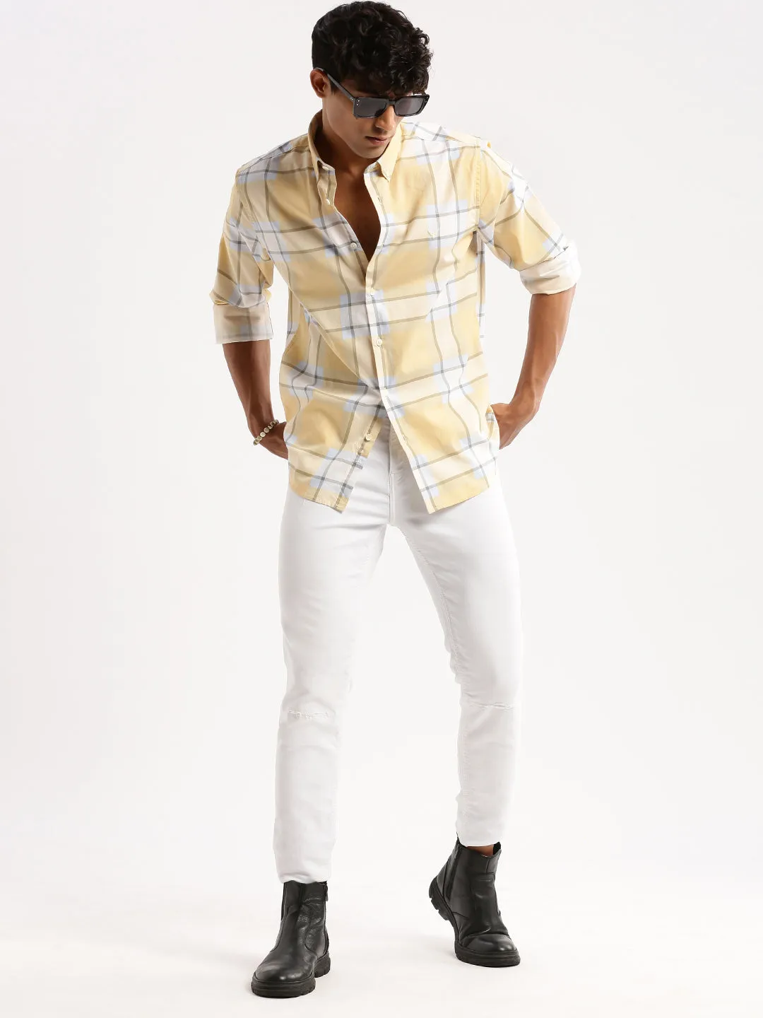 Men Yellow Standard Slim Fit Windowpane Checked Cotton Casual Shirt
