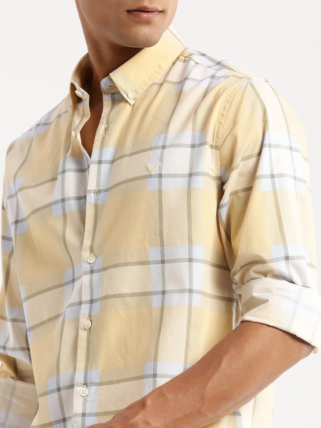 Men Yellow Standard Slim Fit Windowpane Checked Cotton Casual Shirt