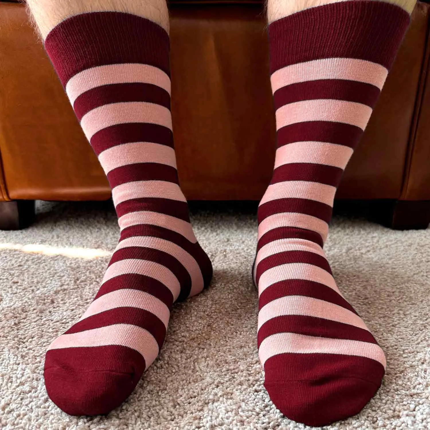 Men's Blush Pink and Burgundy Striped Socks
