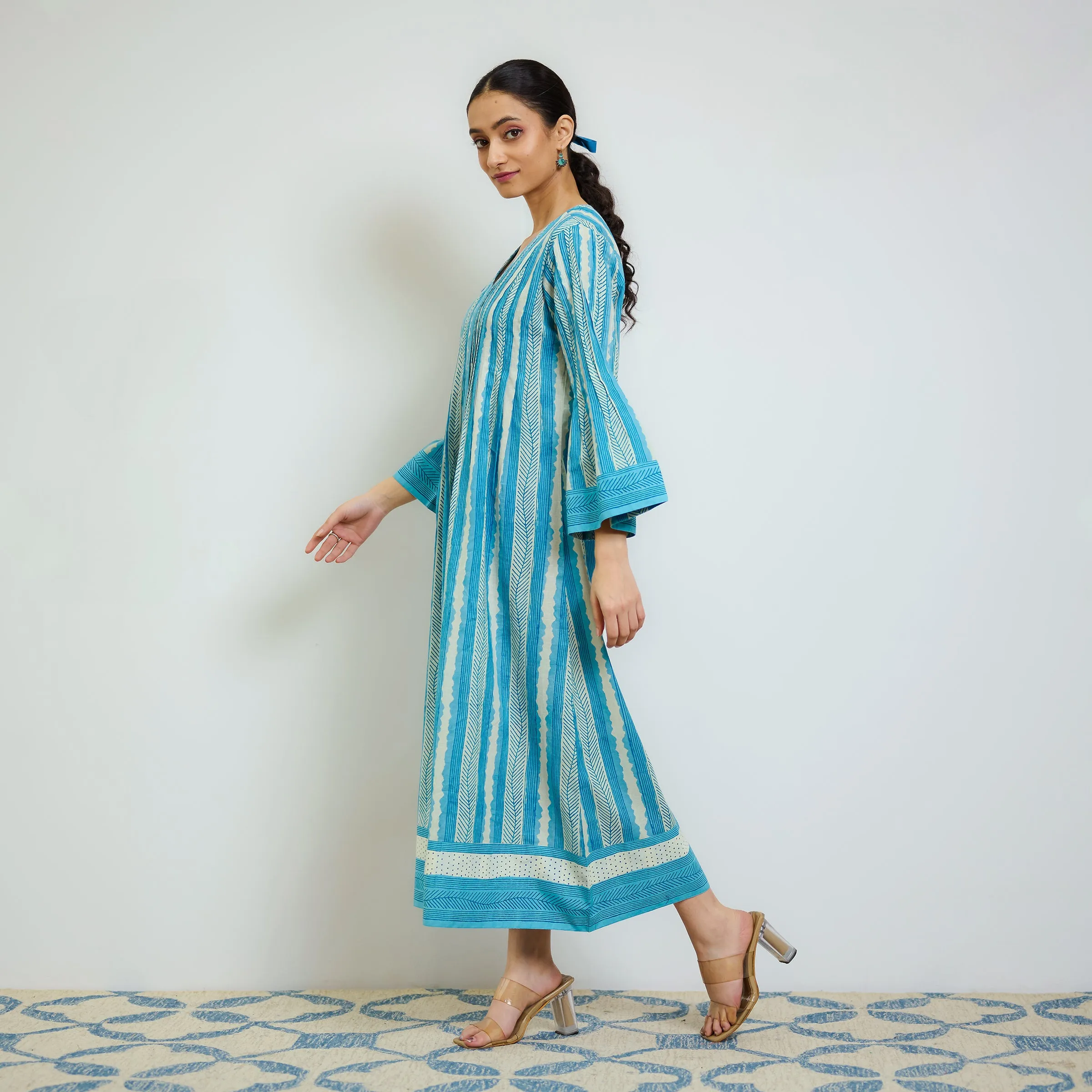Sky Blue Cotton A-line Dress with Pintuck Detail