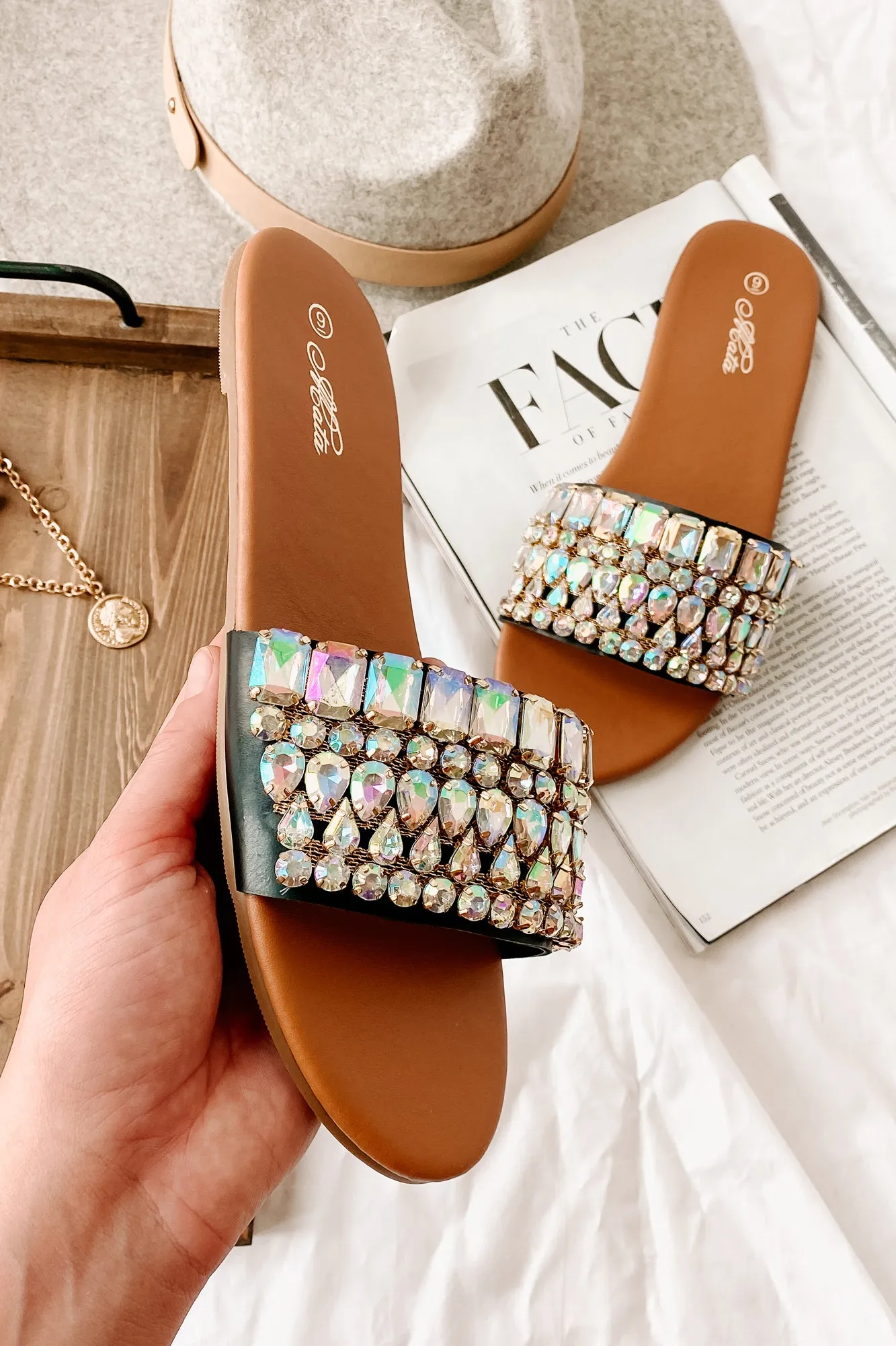 Svetlana Slip-On Gemstone Sandals (Black)