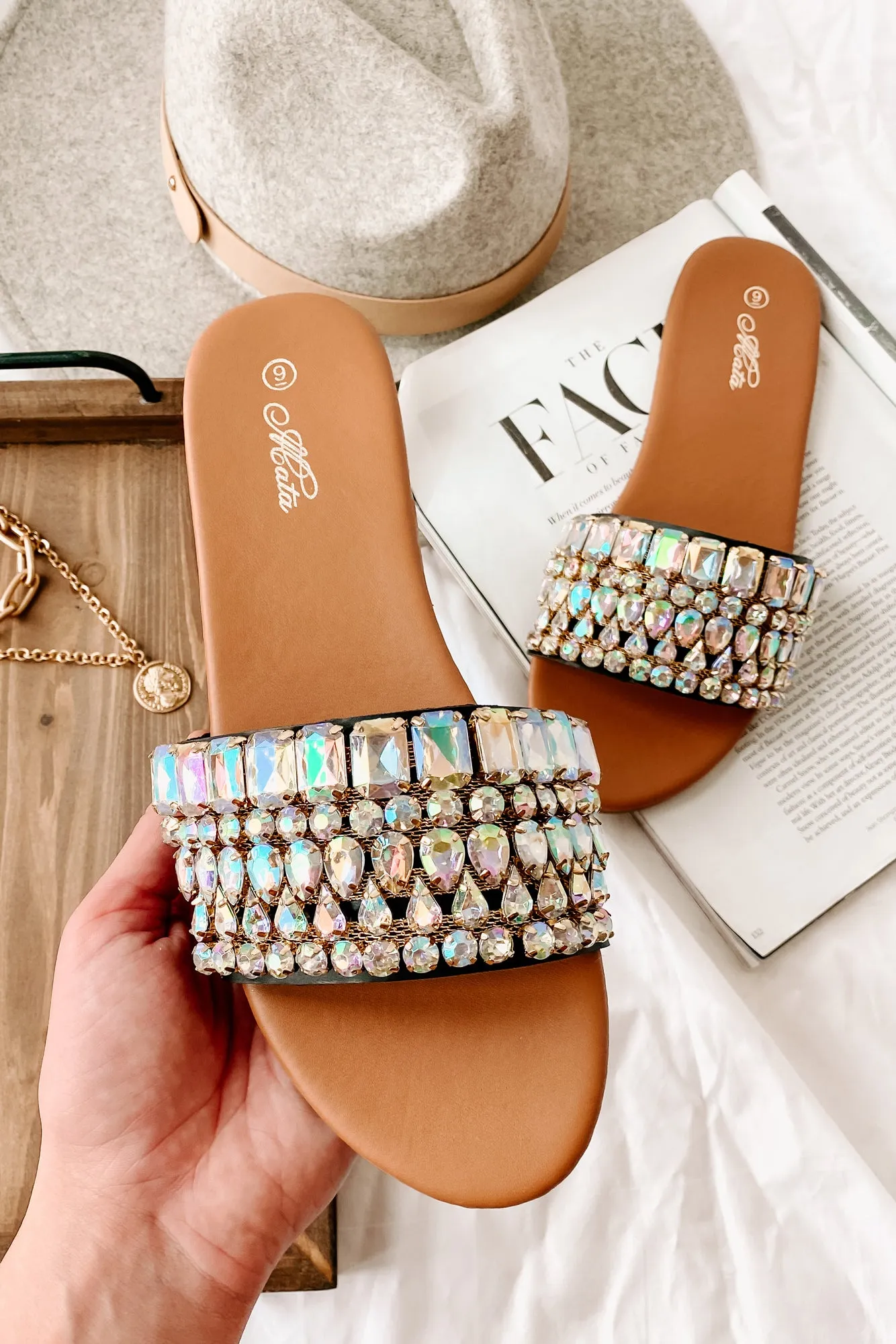 Svetlana Slip-On Gemstone Sandals (Black)