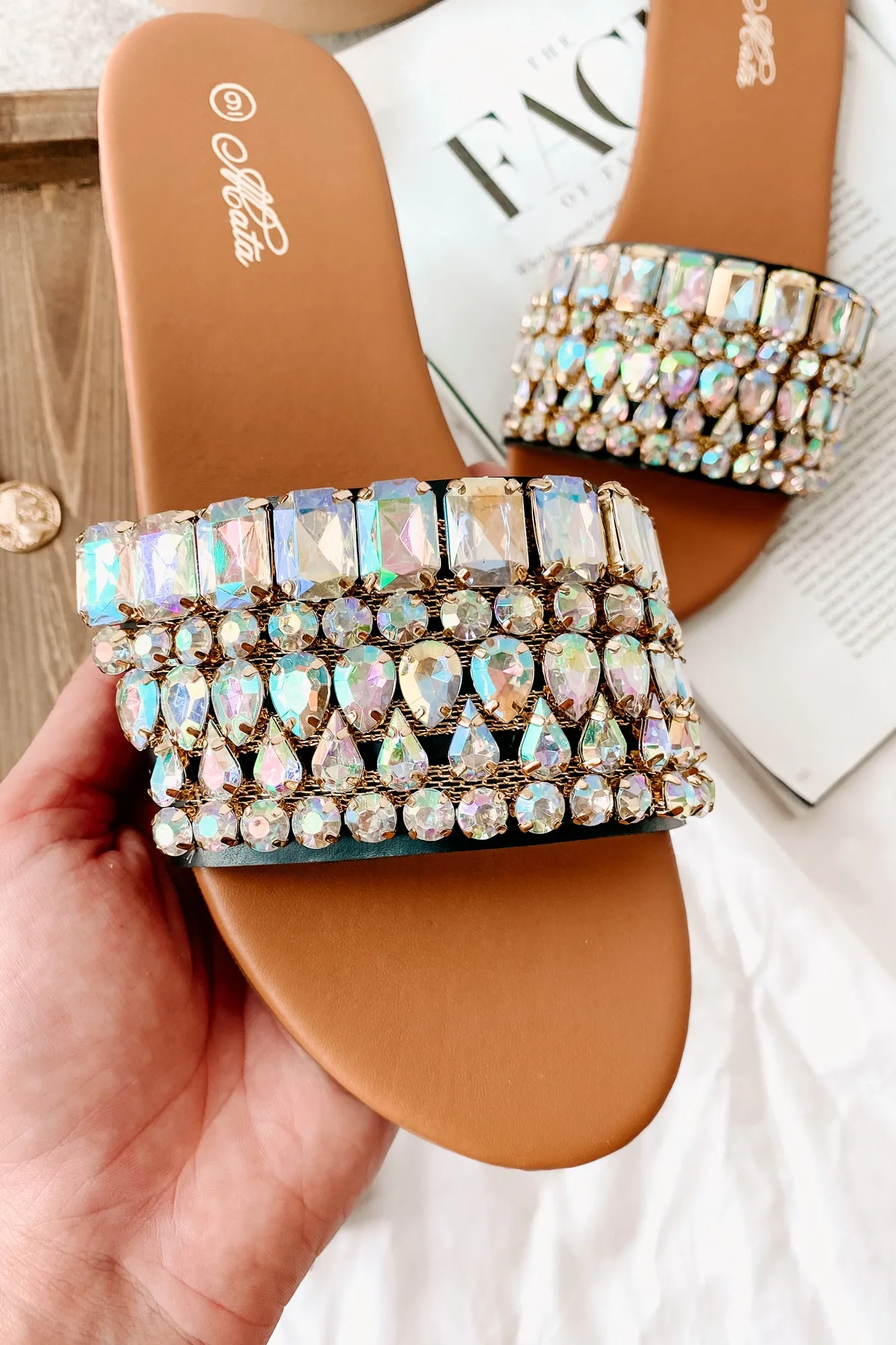 Svetlana Slip-On Gemstone Sandals (Black)