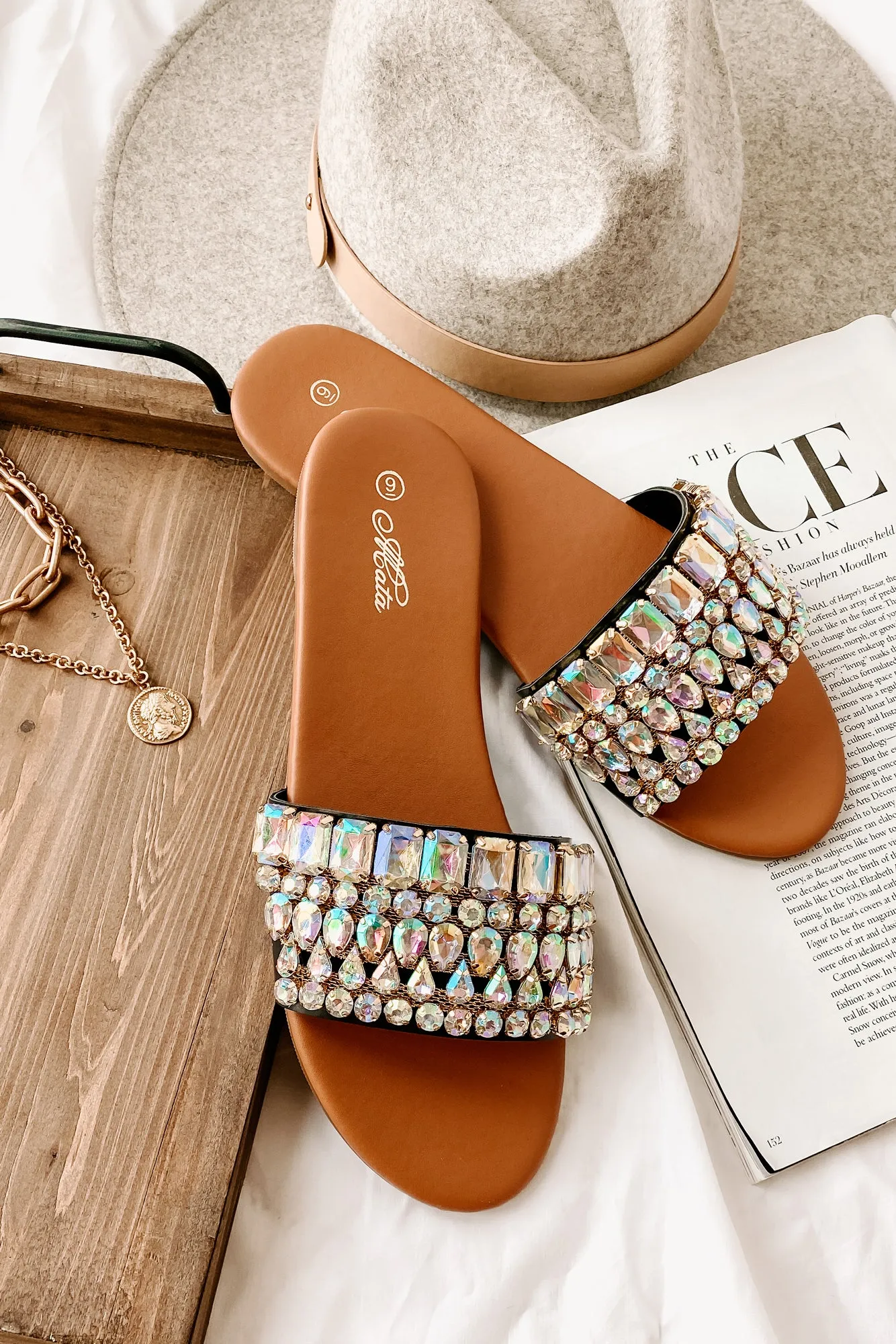 Svetlana Slip-On Gemstone Sandals (Black)