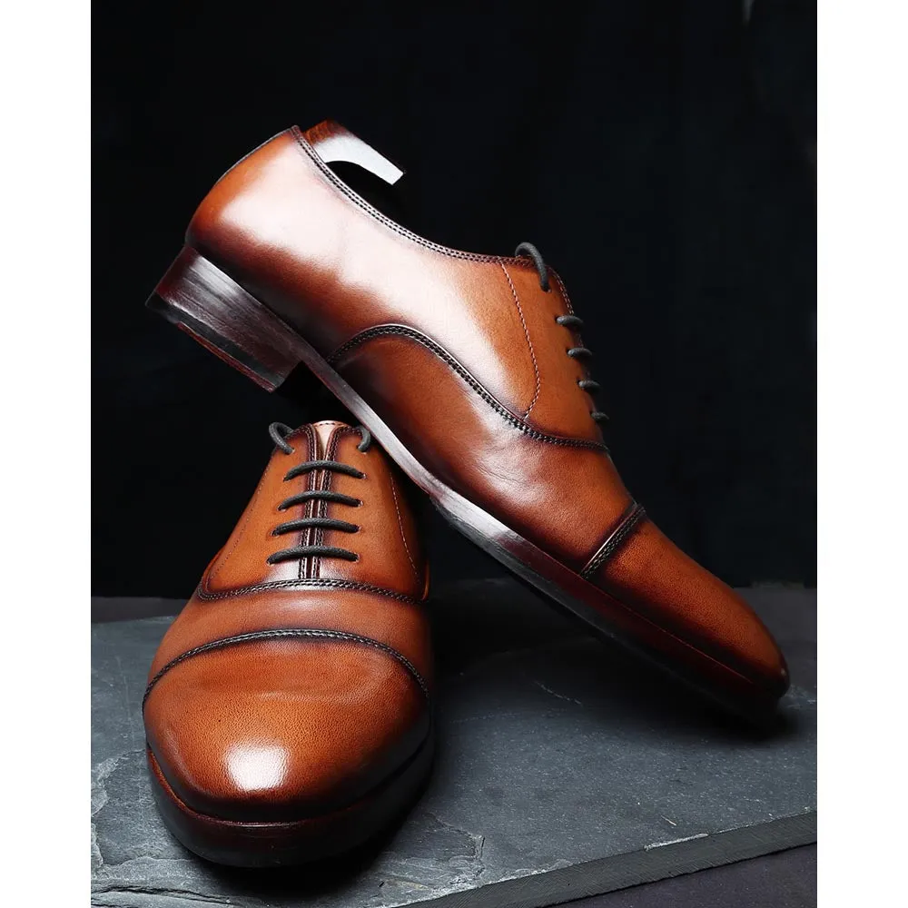 Tan Mirror Glossed Patina Classic Captoe Oxfords Reamstered