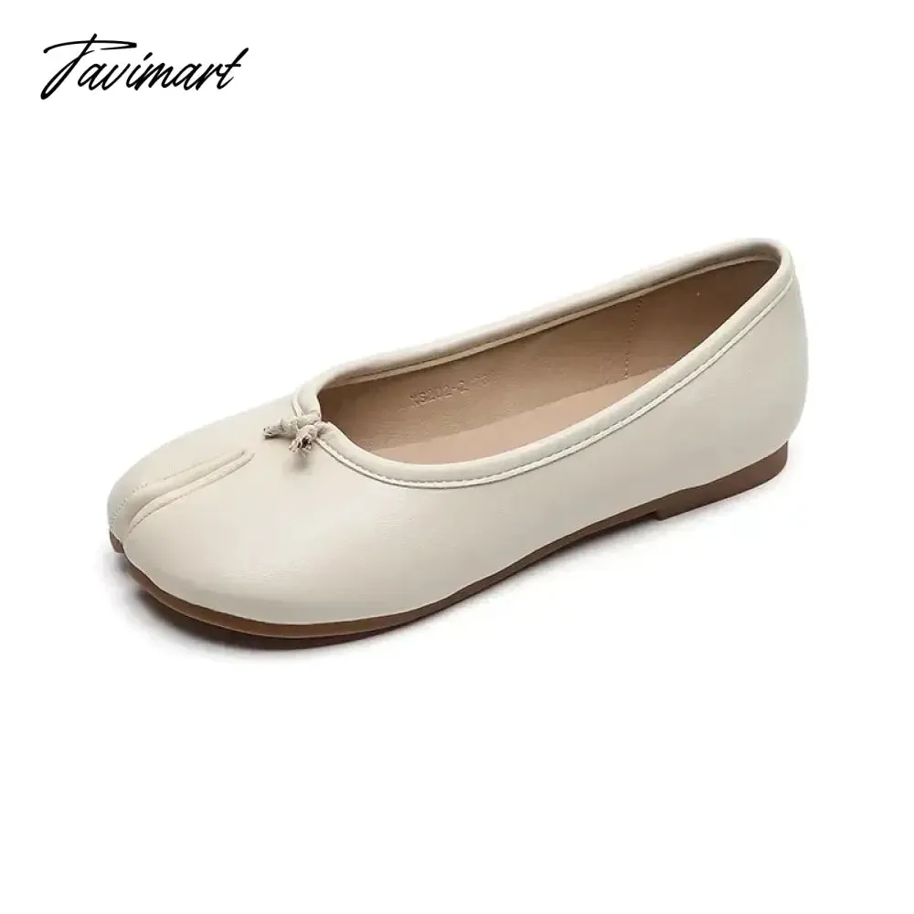 TAVIMART -  New Leather Split Toe Flat Shoes Woman Mary Janes Tabi Ninja Flats Female Cozy Dress Shoes Ankle Belt Moccasins Plus Size 35-43