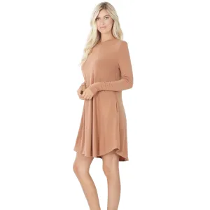 Zenana RS- 1301P premiumLONG SLEEVE ROUND HEM A-LINE DRESS WITH SIDE POCKETS