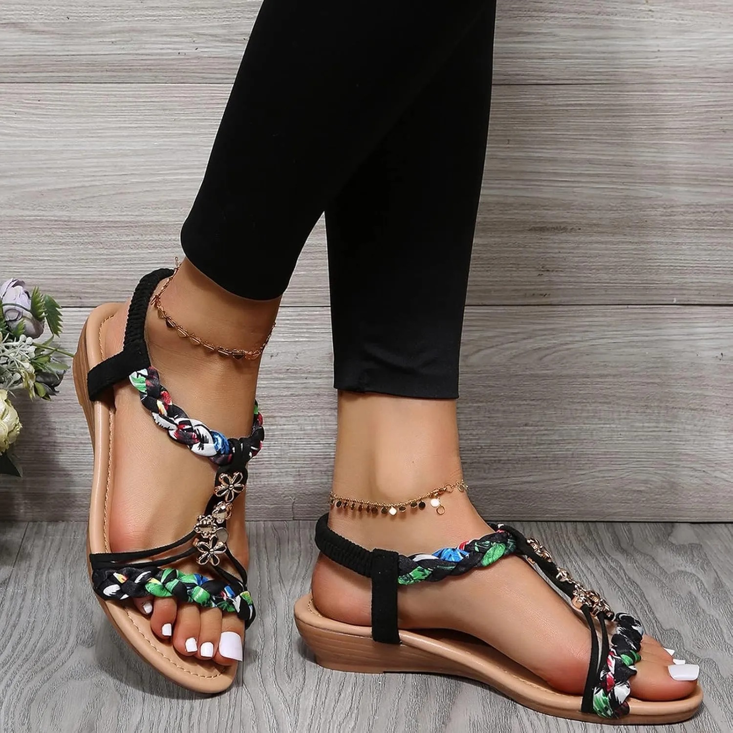 ZHOUYF Bohemian Sandals for Women Orthopedic Low Wedges Gladiator Sandals Casual Open Toe Vacation Sandals Summer Beach Shoes